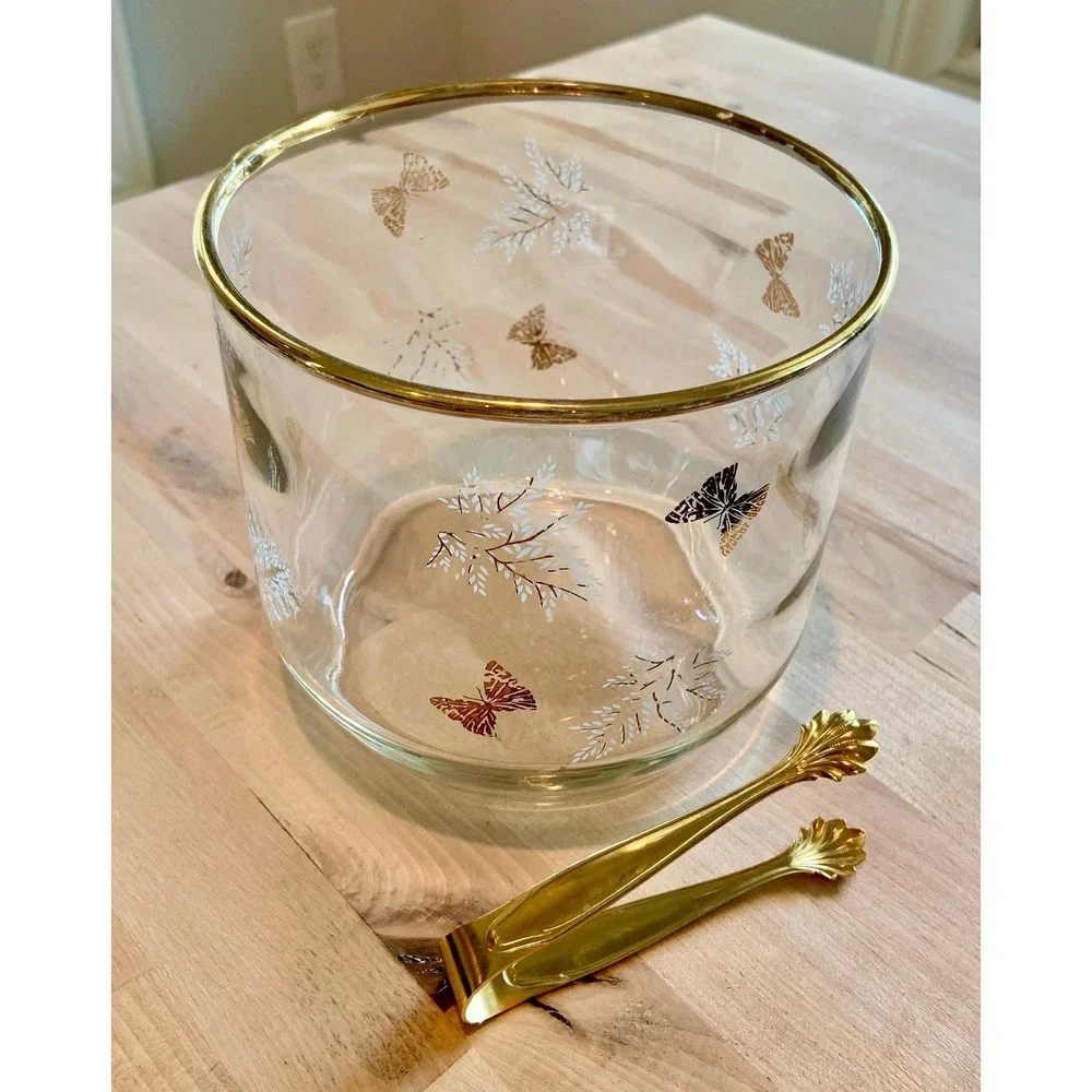 MCM 1970s Vintage Gold Butterfly and White Leaf Glass Ice Bucket w/ Golden Tongs